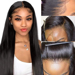 Transparent Lace Front Wigs Human Hair 180% Density Pre Plucked with Baby Hair Peruvian Straight 13x4 Lace Frontal Wig Natural Color